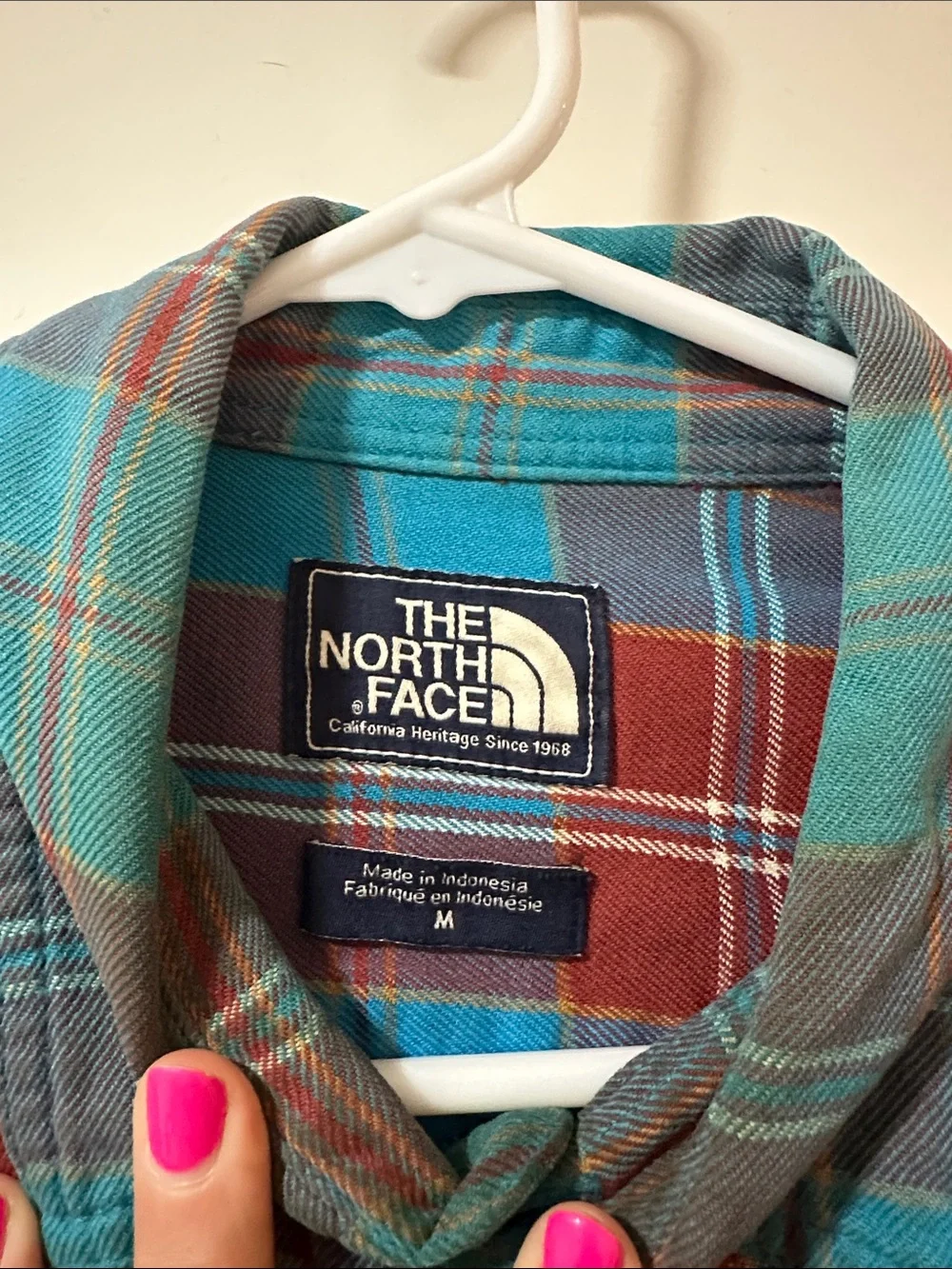 The North Face Men's Teal and Maroon Plaid Button-Down Shirt